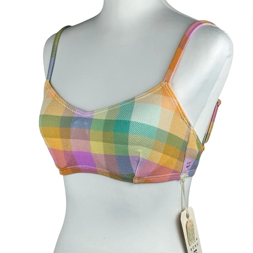 NWT Billabong Warm Waves Lila DD Bralette Pastel Plaid Swimsuit Bikini Top Small